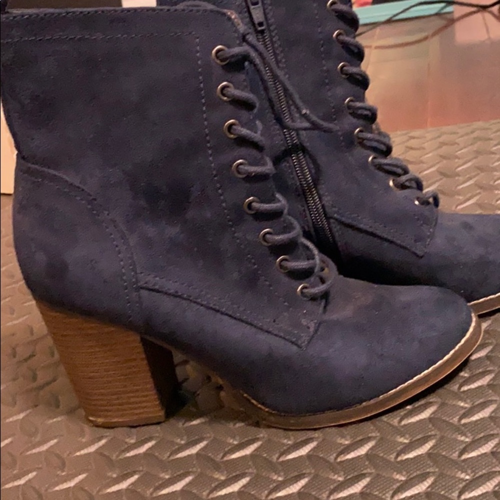 Blue suede heels with laces